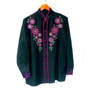 Vintage Silk Mandarin cowgirl button up shirt with embroidered colorful flowers